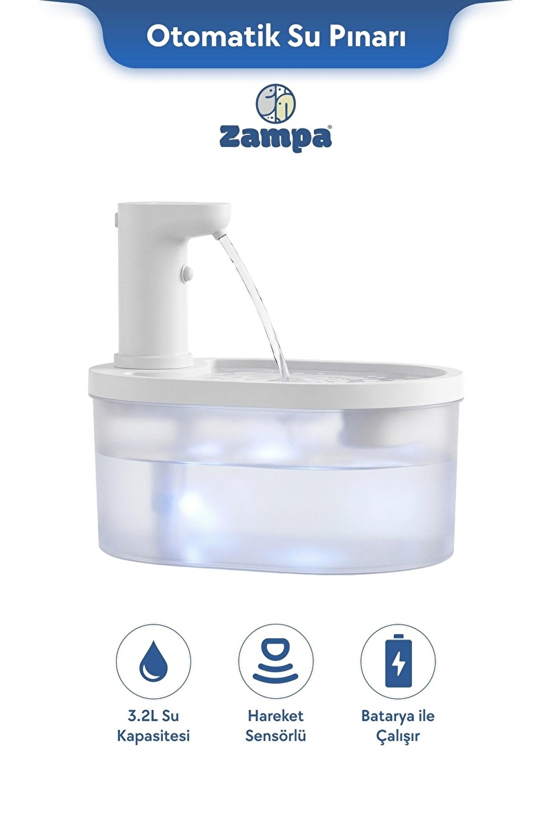 Zampa Oval Pet Otomatik Su Pınarı(Bataryalı) - Beyaz