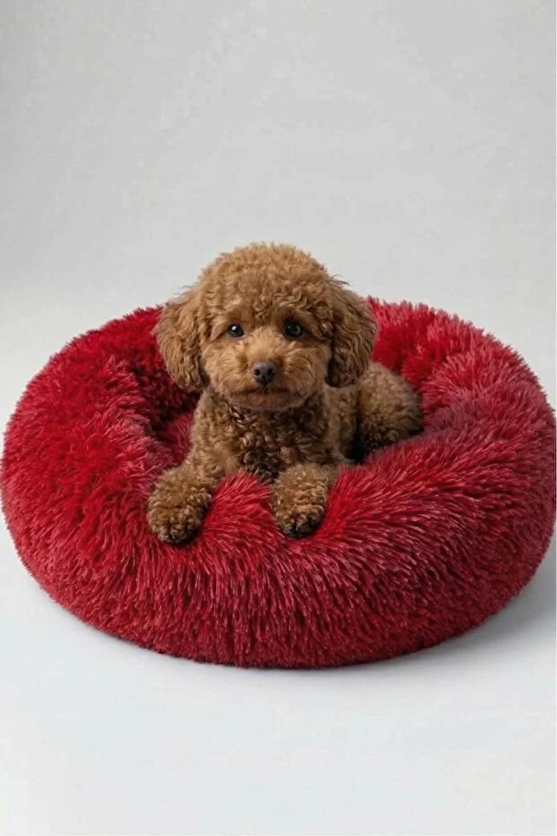 United Colors Of Benetton Uzun Kürklü Donut Kedi Köpek Yatağı Kırmızı 45 cm