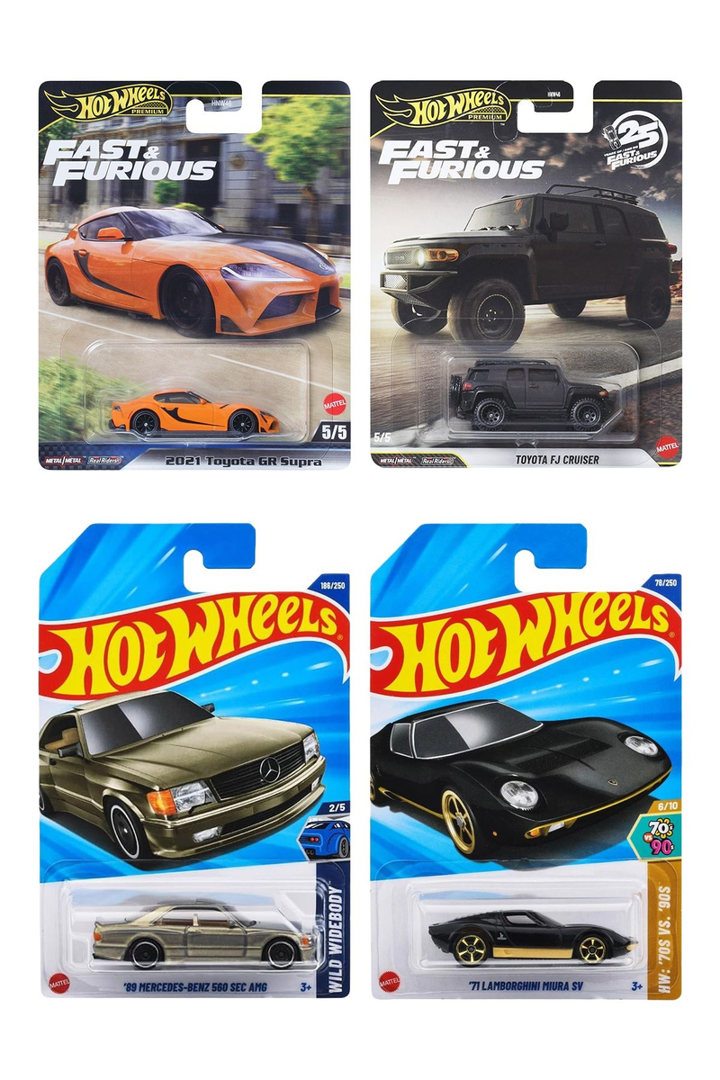 Hot Wheels Premium 2'li Set+Uzun Kart 2'li Set Mercedes-Benz 560 Sec+Uzun Kart Lamborghini Muira P400