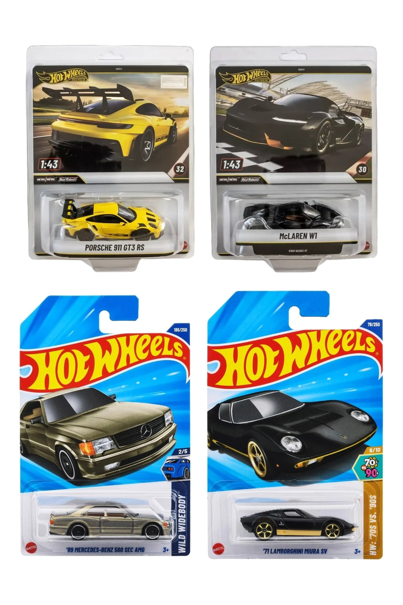Hot Wheels Premium 1:43 2'li Set+Uzun Kart 2'li Set Mercedes-Benz 560 Sec+Uzun Kart Lamborghini Muira P400
