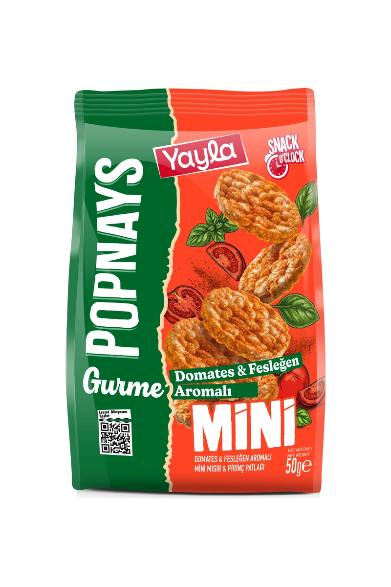 Yayla Popnays Gurme Domates Fesleğen Çeşnili Mini Mısır Pirinç Patlağı 50 g