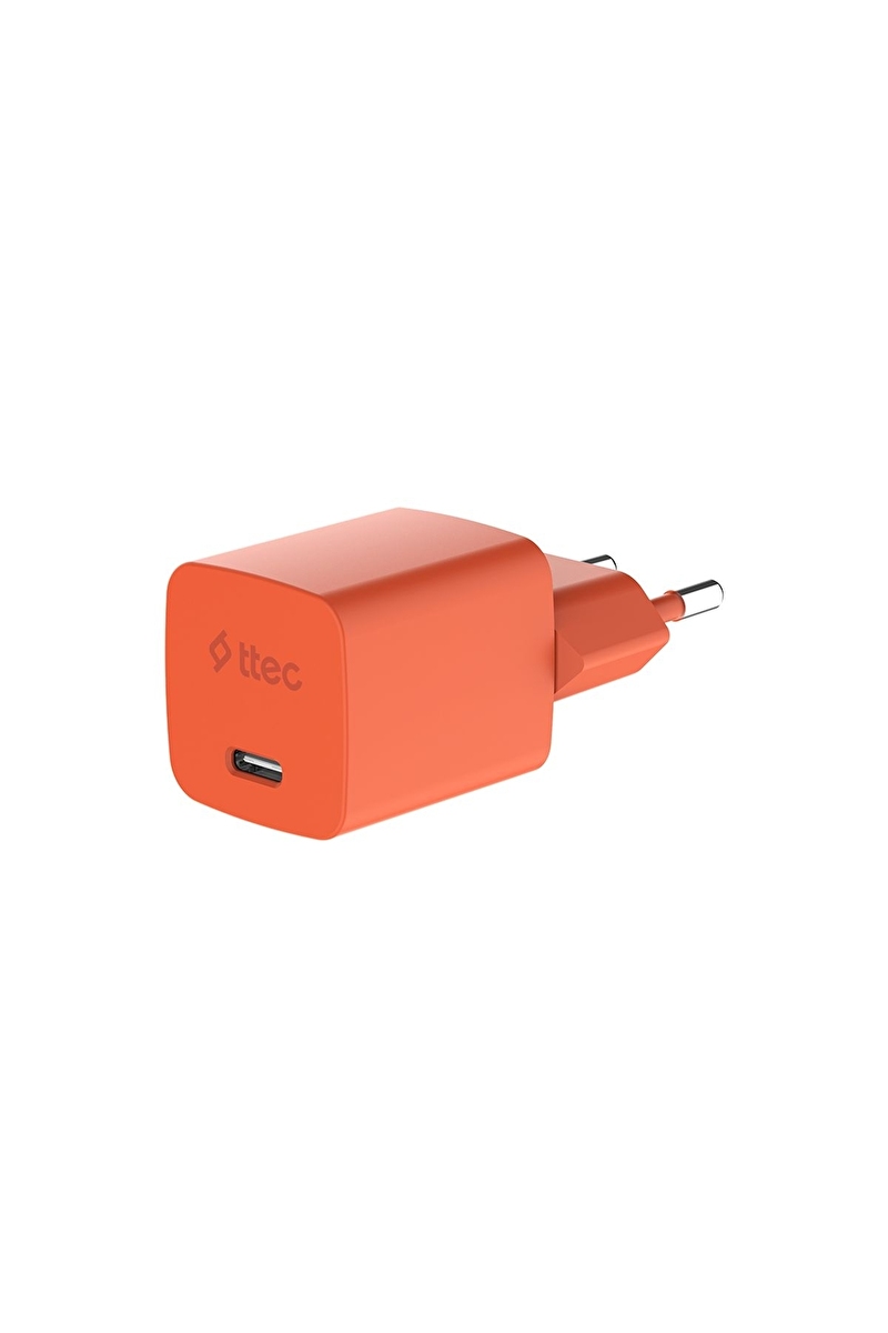 ttec 2SCG20CNT SmartCharger GAN 20W PD Seyahat Hızlı Şarj Aleti + USB-C - USB-C 3A Kablolu Turuncu
