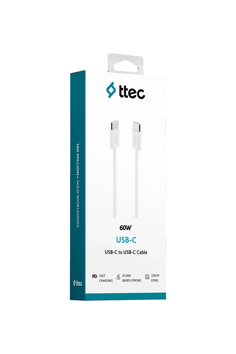 ttec 2DK54B USB-C - USB-C 100cm 60W PD Örgü Hızlı Şarj/Data Kablosu Beyaz