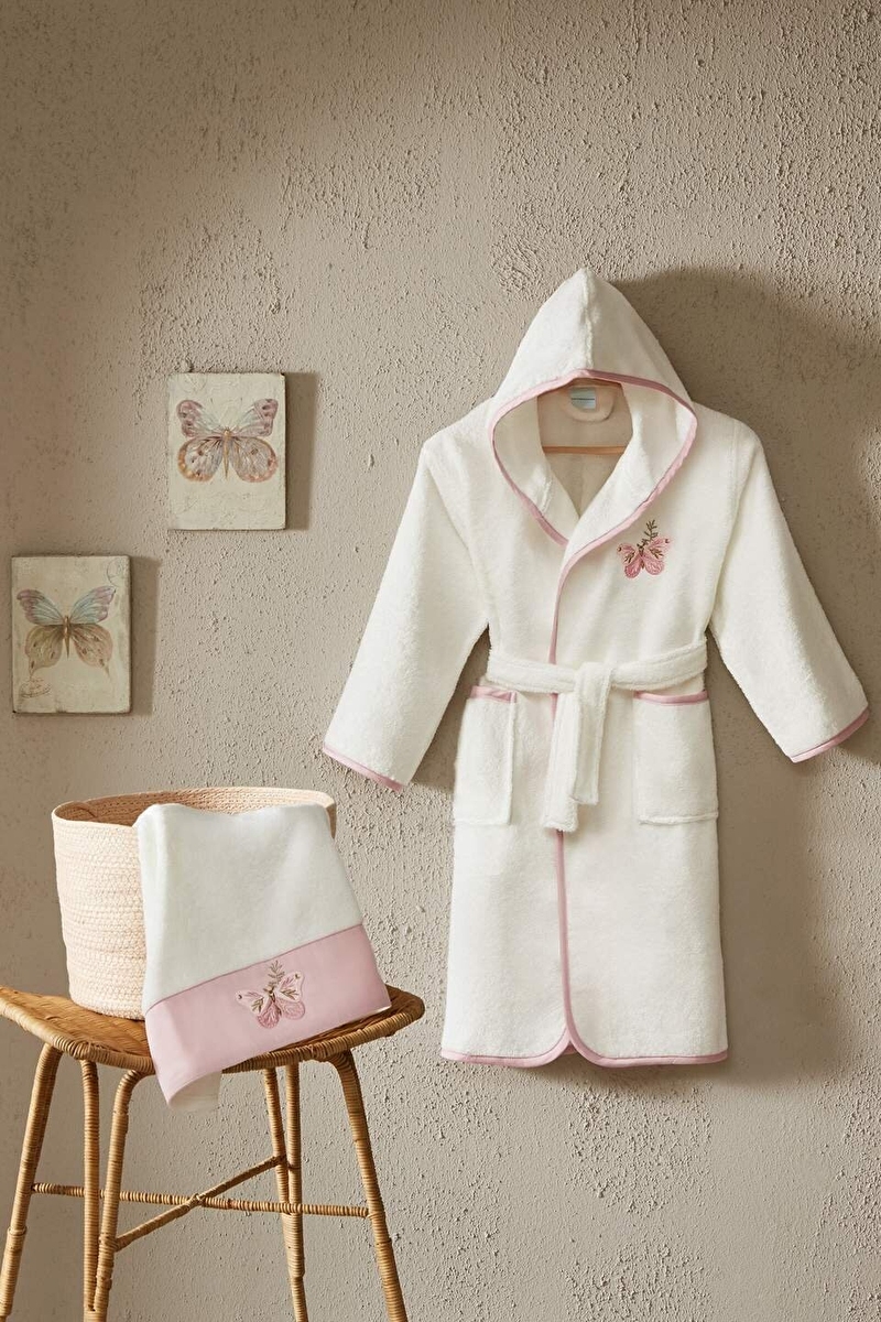 Cottons & Clouds Butterfly Nakışlı Kapüşonlu Çocuk Bornozu 3 / 4 Yaş