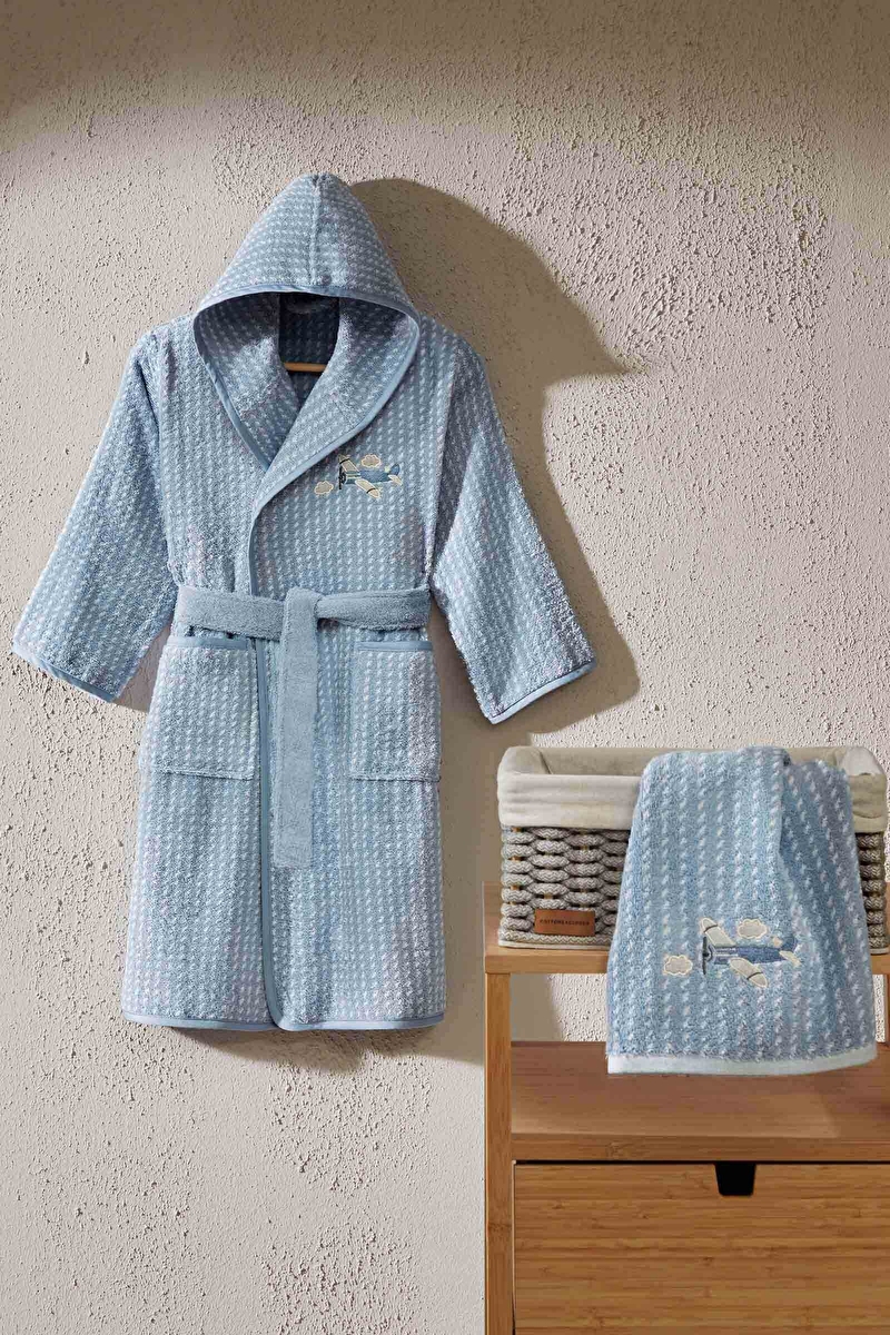 Cottons & Clouds Plane Nakışlı Kapüşonlu Çocuk Bornozu 3 / 4 Yaş