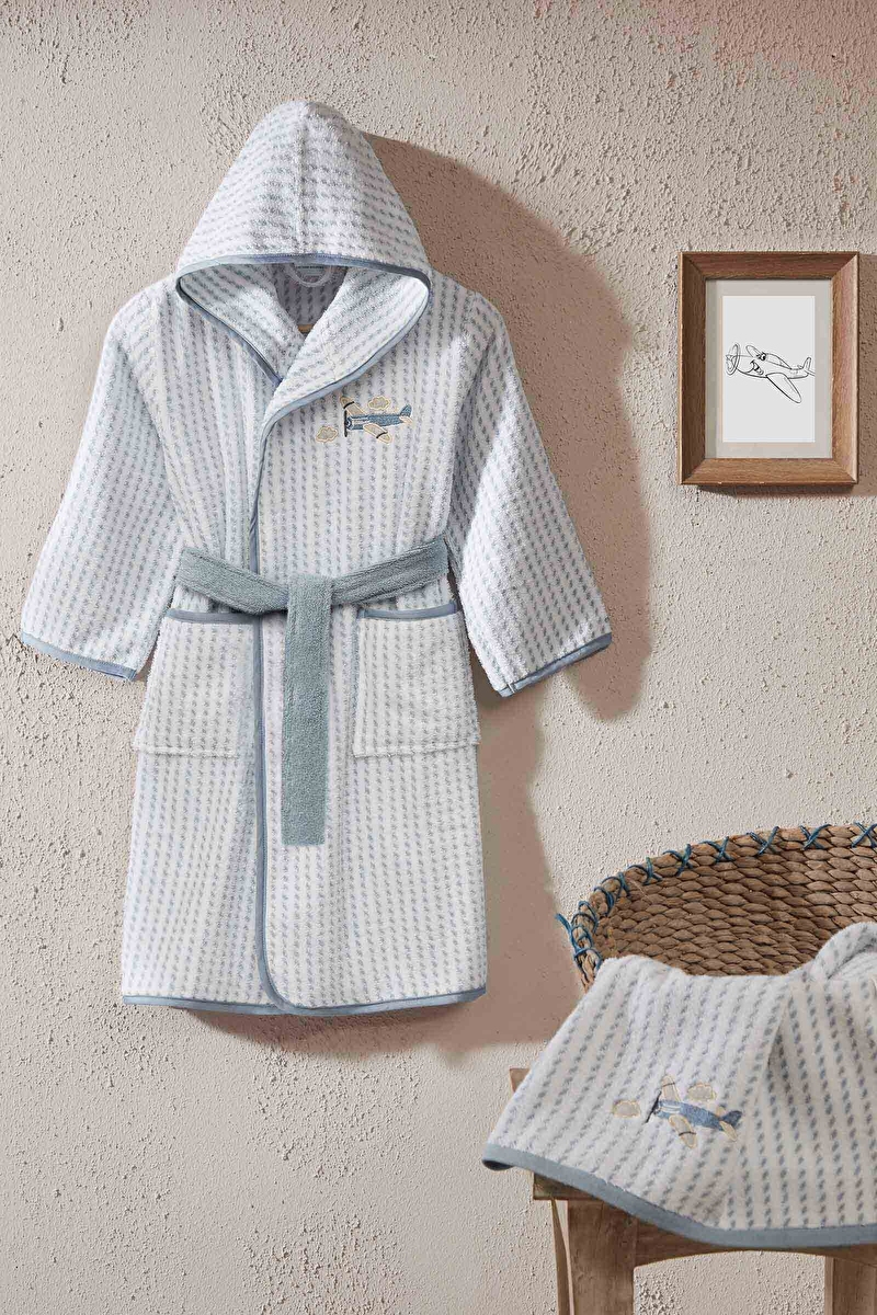 Cottons & Clouds Plane Nakışlı Kapüşonlu Çocuk Bornozu 7 / 8 Yaş