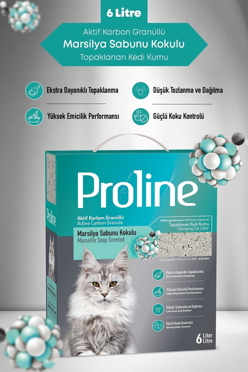 Proline Aktif Karbon Granüllü Marsilya Sabunu Kokulu Bentonit Kedi Kumu 6 L