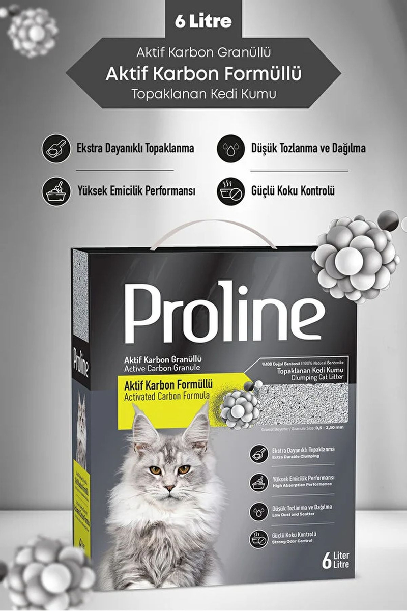 Proline Aktif Karbon Granüllü Aktif Karbon Formüllü Bentonit Kedi Kumu 6 L