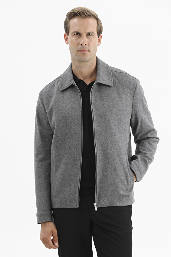 Finesuits Yün Karışımlı Kaşe Polo Yaka Regular Fit Fermuarlı Erkek Mont 2622118101 Gri