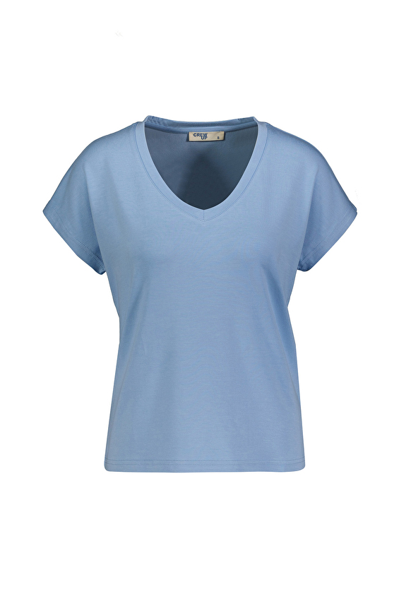 Crew Up Regular Fit Kısa Kol Reçme V Yaka Kadın Tişört 2614KS120336 Mavi