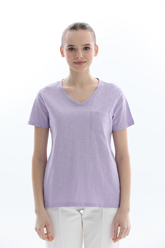 First Company Regular Fit V Yaka Kısa Kollu Kadın Tişört 2614KS120329 Lila First Company Regular Fit V Yaka Kısa Kollu Kadın Tişört 2614KS120329 Lila