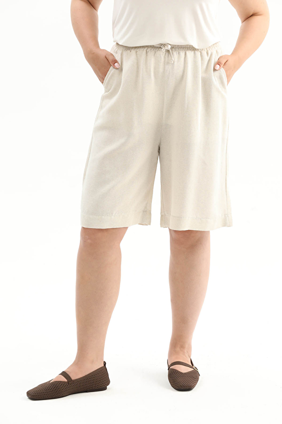 Shefame Regular Fit Geniş Paça Pamuk-Viskon Yüksek Bel Kadın Şort 2614KK106861 Krem