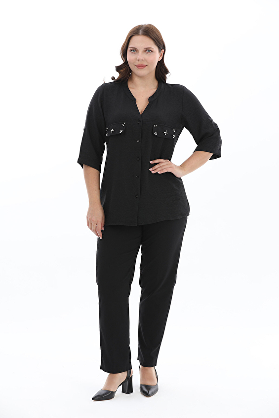 Shefame Regular Fit Düğmeli Truvakar Polyester C Yaka Kadın Gömlek 2614KK108121 Siyah Shefame Regular Fit Düğmeli Truvakar Polyester C Yaka Kadın Gömlek 2614KK108121 Siyah