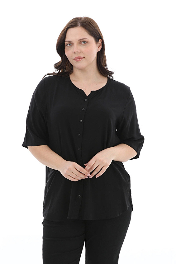 Shefame Biye Yaka Regular Fit Düğmeli Truvakar Viskon Kadın Bluz 2614KK110077 G Siyah Shefame Biye Yaka Regular Fit Düğmeli Truvakar Viskon Kadın Bluz 2614KK110077 G Siyah