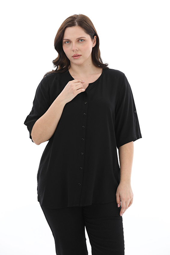 Shefame Biye Yaka Regular Fit Düğmeli Truvakar Viskon Kadın Bluz 2614KK110077 G Siyah Shefame Biye Yaka Regular Fit Düğmeli Truvakar Viskon Kadın Bluz 2614KK110077 G Siyah