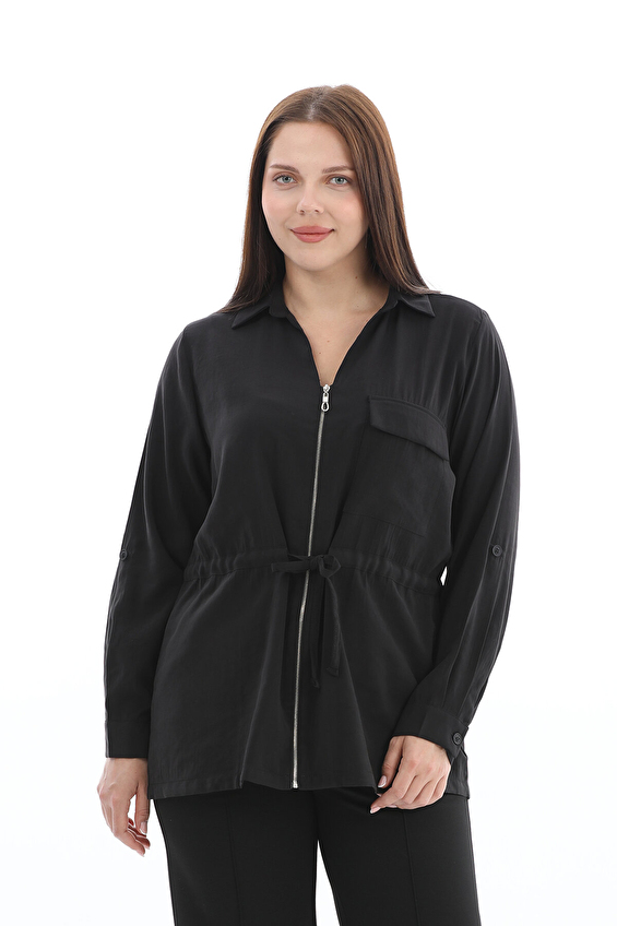 Shefame Regular Fit Gömlek Yaka Viskon-Polyester-Elastan Uzun Kollu Fermuarlı Kadın Ceket 2614KK102825 Siyah Shefame Regular Fit Gömlek Yaka Viskon-Polyester-Elastan Uzun Kollu Fermuarlı Kadın Ceket 2614KK102825 Siyah