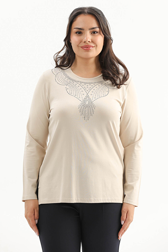 Shefame Regular Fit Bisiklet Yaka Uzun Kollu Viskon-Elastan Kadın Bluz 2614KK110241 U Taş