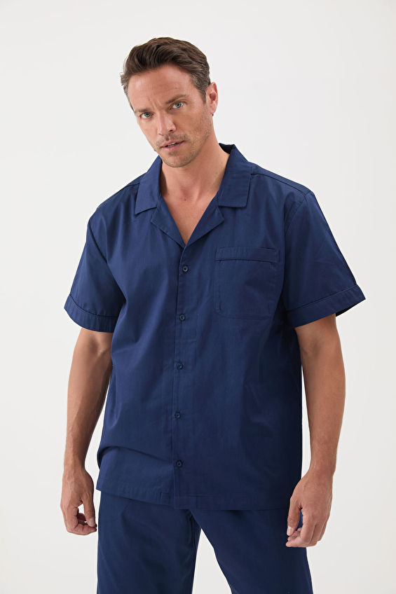 Cottons & Clouds Düğmeli Loose Fit Kısa Kollu Erkek Pamuk Saten Pijama Üstü CC9817 Lacivert Cottons & Clouds Düğmeli Loose Fit Kısa Kollu Erkek Pamuk Saten Pijama Üstü CC9817 Lacivert