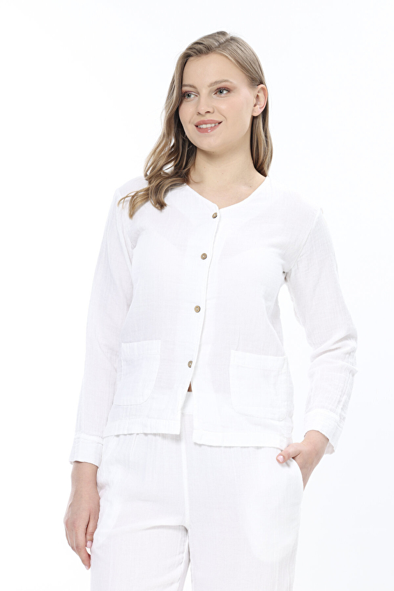 First Company Düğmeli Beli Lastikli V Yaka Uzun Kollu Düz Paça Loose Fit Kadın Müslin Takım 251K01OD Beyaz First Company Düğmeli Beli Lastikli V Yaka Uzun Kollu Düz Paça Loose Fit Kadın Müslin Takım 251K01OD Beyaz