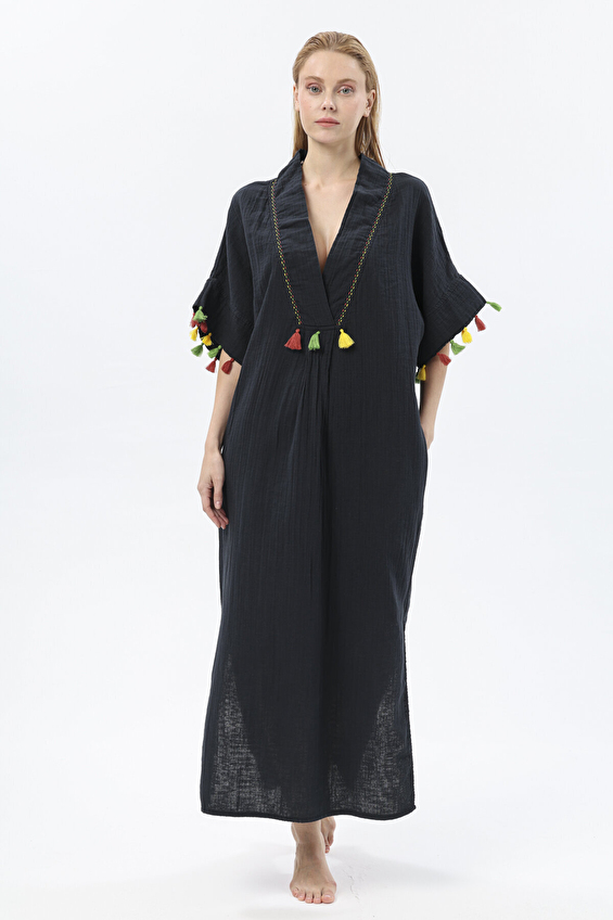 First Company Düşük Kollu V Yaka Loose Fit Kadın İşlemeli Müslin Elbise 251K07OD Siyah First Company Düşük Kollu V Yaka Loose Fit Kadın İşlemeli Müslin Elbise 251K07OD Siyah