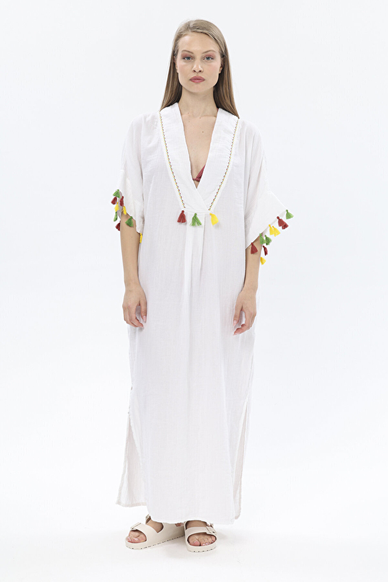 First Company Düşük Kollu V Yaka Loose Fit Kadın İşlemeli Müslin Elbise 251K07OD Beyaz First Company Düşük Kollu V Yaka Loose Fit Kadın İşlemeli Müslin Elbise 251K07OD Beyaz