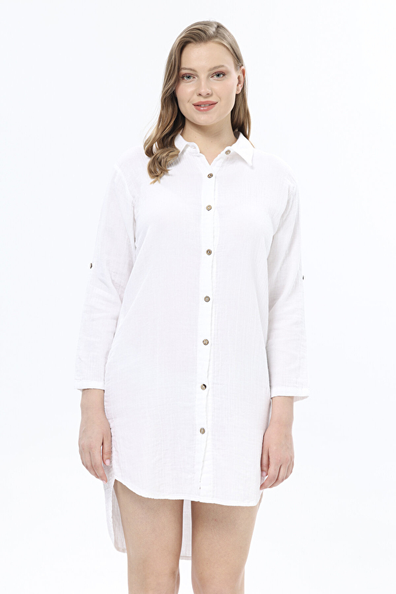 First Company Düğmeli Erkek Yakalı Uzun Kollu Loose Fit Kadın Müslin Gömlek Elbise 251K08OD Beyaz First Company Düğmeli Erkek Yakalı Uzun Kollu Loose Fit Kadın Müslin Gömlek Elbise 251K08OD Beyaz