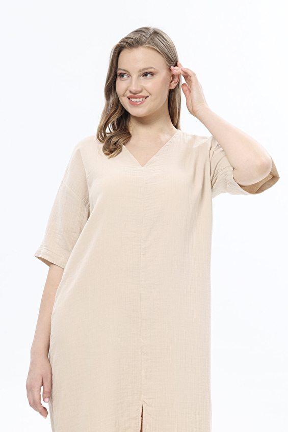 First Company V Yaka Loose Fit Kısa Kollu Kadın Müslin Elbise 251K14OD Bej First Company V Yaka Loose Fit Kısa Kollu Kadın Müslin Elbise 251K14OD Bej