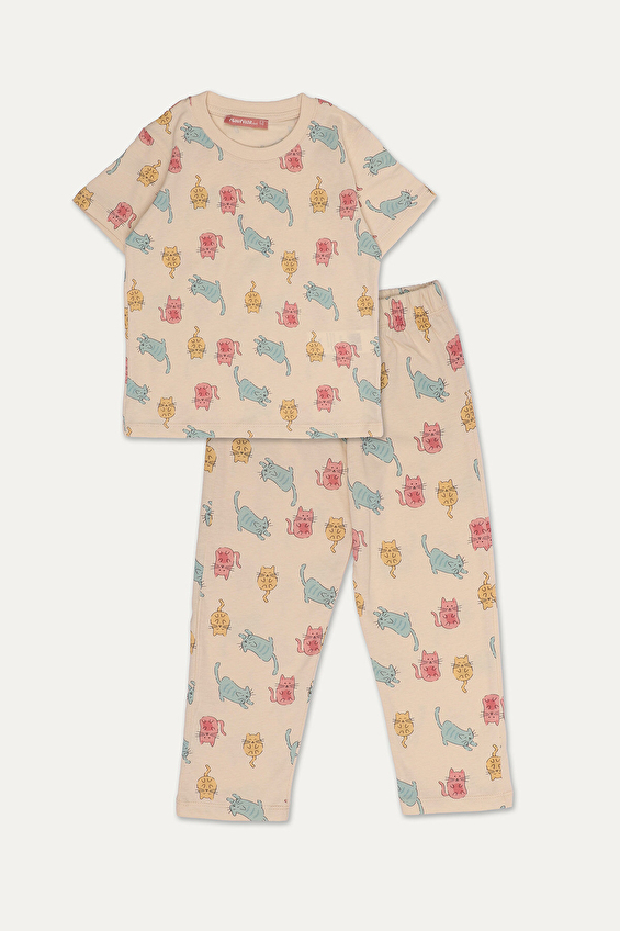 Funfair Regular Fit Bisiklet Yaka Pamuk Normal Bel Kısa Kollu Kız Çocuk Kedi Baskılı Pijama Takımı 251KT05PL Açık bej Funfair Regular Fit Bisiklet Yaka Pamuk Normal Bel Kısa Kollu Kız Çocuk Kedi Baskılı Pijama Takımı 251KT05PL Açık bej
