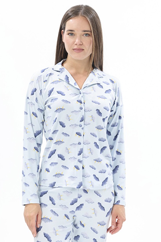 Shefame Düğmeli Kadın Pijama Takımı 252K7093PI Mavi Shefame Düğmeli Kadın Pijama Takımı 252K7093PI Mavi