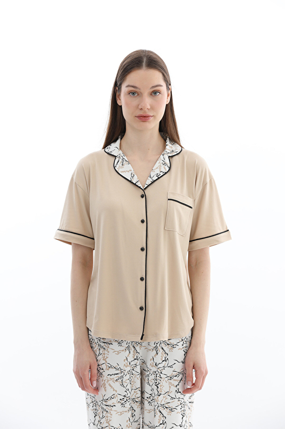 Shefame Kadın Kısa Kollu Önden Düğmeli Uzun Alt Pijama Takımı 261K7100PI Açık kahverengi Shefame Kadın Kısa Kollu Önden Düğmeli Uzun Alt Pijama Takımı 261K7100PI Açık kahverengi