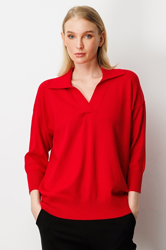 Onfashion Polo Yaka Regular Fit Truvakar Kol Triko Kadın Kazak 65301 Kırmızı Onfashion Polo Yaka Regular Fit Truvakar Kol Triko Kadın Kazak 65301 Kırmızı