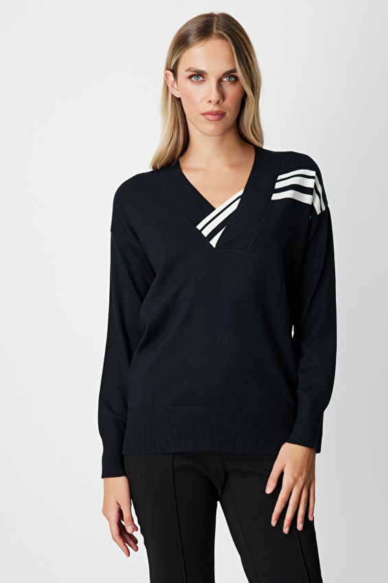 Onfashion Regular Fit V Yaka Triko Uzun Kol Kadın Kazak 65327 Siyah Onfashion Regular Fit V Yaka Triko Uzun Kol Kadın Kazak 65327 Siyah