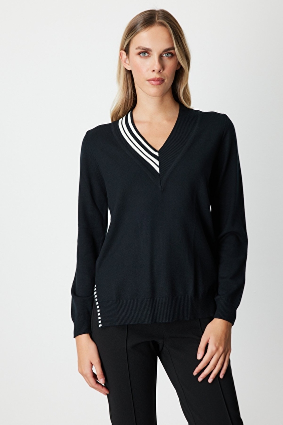 Onfashion Regular Fit V Yaka Triko Uzun Kol Kadın Kazak 65378 Siyah Onfashion Regular Fit V Yaka Triko Uzun Kol Kadın Kazak 65378 Siyah