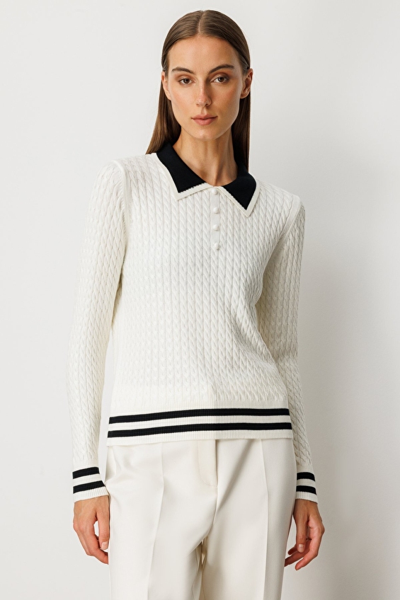 Onfashion Polo Yaka Regular Fit Triko Uzun Kol Kadın Kazak 65332 Ekru Onfashion Polo Yaka Regular Fit Triko Uzun Kol Kadın Kazak 65332 Ekru