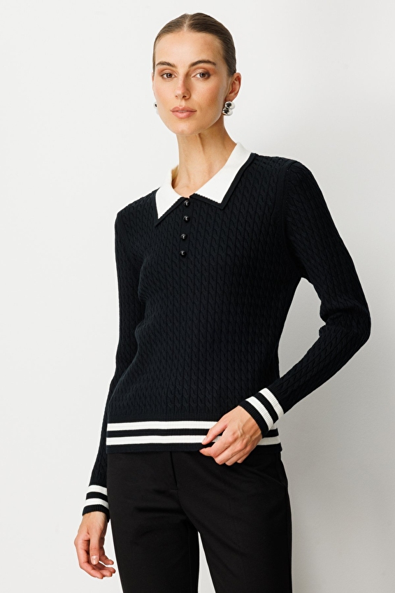 Onfashion Polo Yaka Regular Fit Triko Uzun Kol Kadın Kazak 65332 Siyah Onfashion Polo Yaka Regular Fit Triko Uzun Kol Kadın Kazak 65332 Siyah