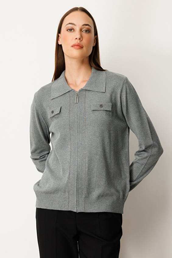 Onfashion Regular Fit Gömlek Yaka Triko Uzun Kol Fermuarlı Kadın Hırka 65922 Gri Onfashion Regular Fit Gömlek Yaka Triko Uzun Kol Fermuarlı Kadın Hırka 65922 Gri