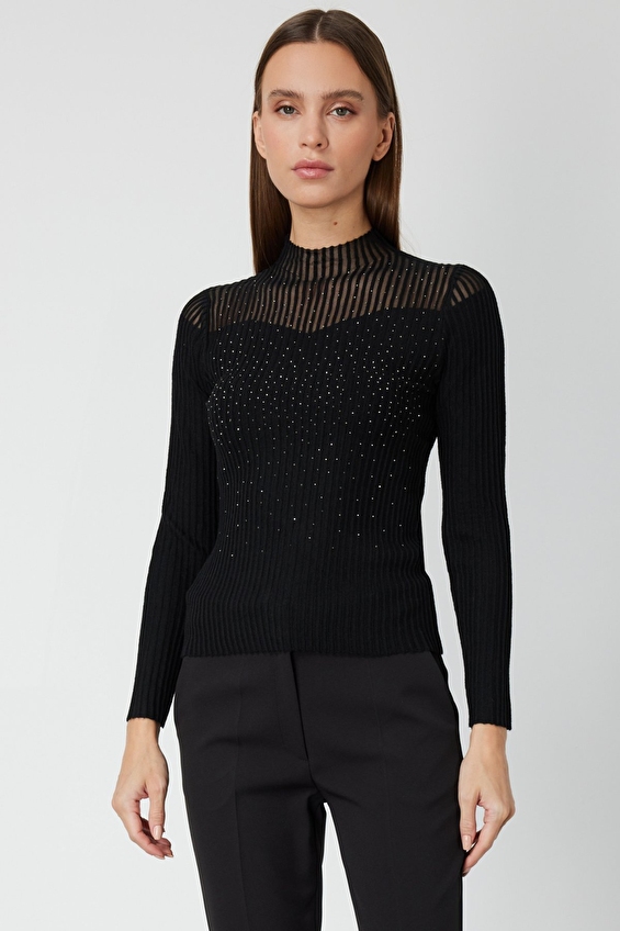 Onfashion Dik Yaka Regular Fit Uzun Kol Dokuma Kadın Kazak 60340 Siyah Onfashion Dik Yaka Regular Fit Uzun Kol Dokuma Kadın Kazak 60340 Siyah