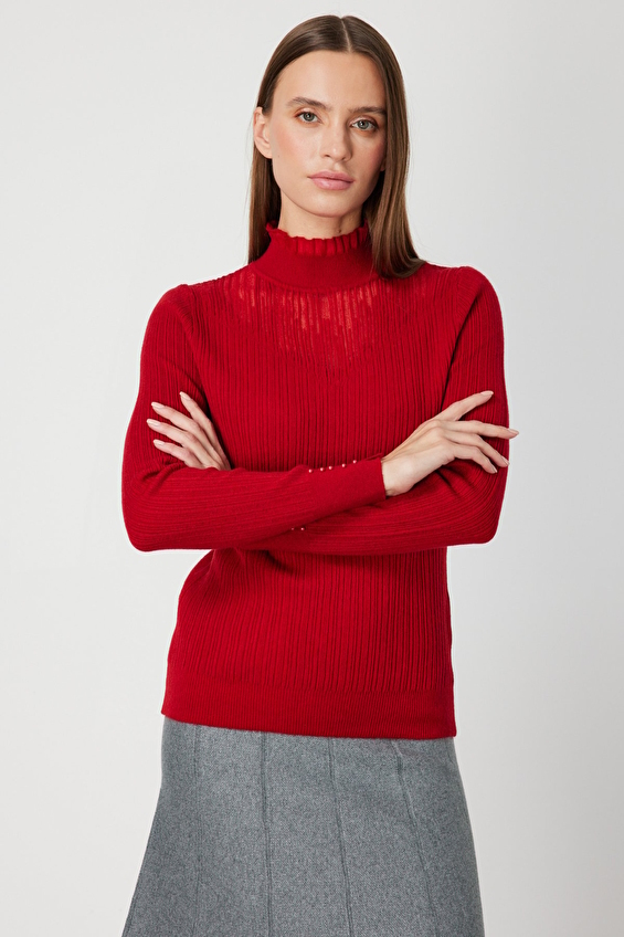 Onfashion Dik Yaka Regular Fit Triko Uzun Kol Kadın Kazak 60341 Kırmızı Onfashion Dik Yaka Regular Fit Triko Uzun Kol Kadın Kazak 60341 Kırmızı