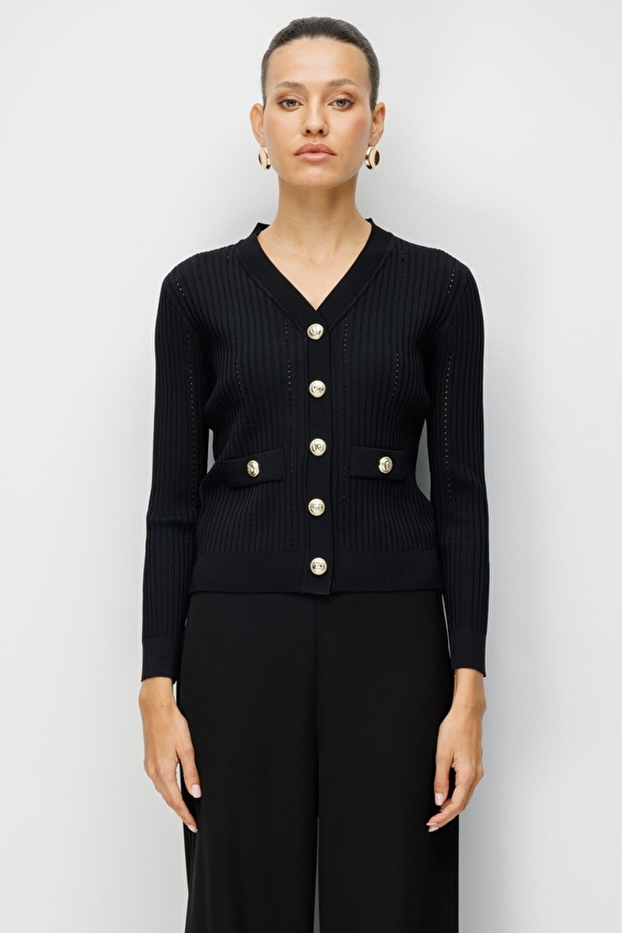 Onfashion Düğmeli Regular Fit V Yaka Uzun Kol Kadın Hırka 70912 Siyah Onfashion Düğmeli Regular Fit V Yaka Uzun Kol Kadın Hırka 70912 Siyah