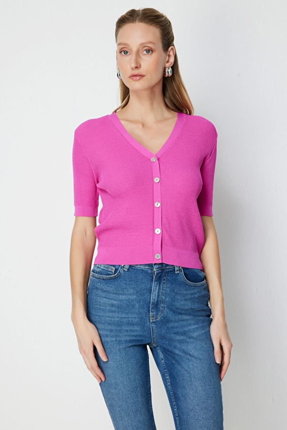 Onfashion V Yaka Kısa Kollu Dokuma Kadın Hırka 76365 Fuşya Onfashion V Yaka Kısa Kollu Dokuma Kadın Hırka 76365 Fuşya