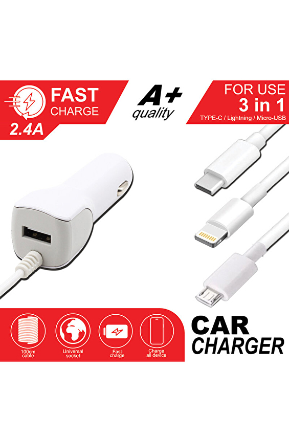 Carub Araç Çakmaklık Şarj Kablosu 3lü İphone-TypeC-Micro