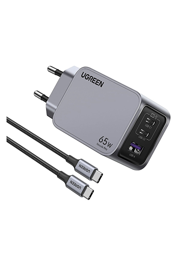 UGREEN Nexode Pro 65W GaN Hızlı Şarj Cihazı Type-C QC PD 2xUSB-C 1xUSB-A 1.5M 100W Kablo Dahil Uzay Grisi 25871 UGREEN Nexode Pro 65W GaN Hızlı Şarj Cihazı Type-C QC PD 2xUSB-C 1xUSB-A 1.5M 100W Kablo Dahil Uzay Grisi 25871