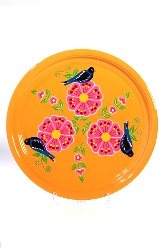 Dedemin Emayeleri Paslanmaz Çelik Tepsi 33 cm Turuncu Kuş Desen