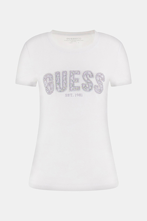 Guess Slim Fit Örme Kumaş Kadın Tişört W5GI04J1314 Beyaz
