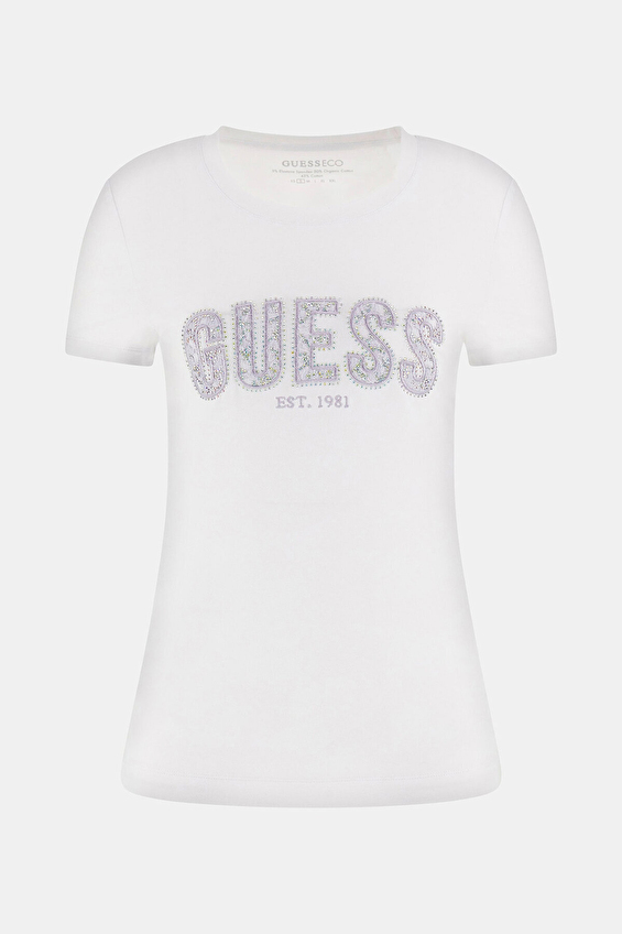 Guess Slim Fit Örme Kumaş Kadın Tişört W5GI04J1314 Beyaz