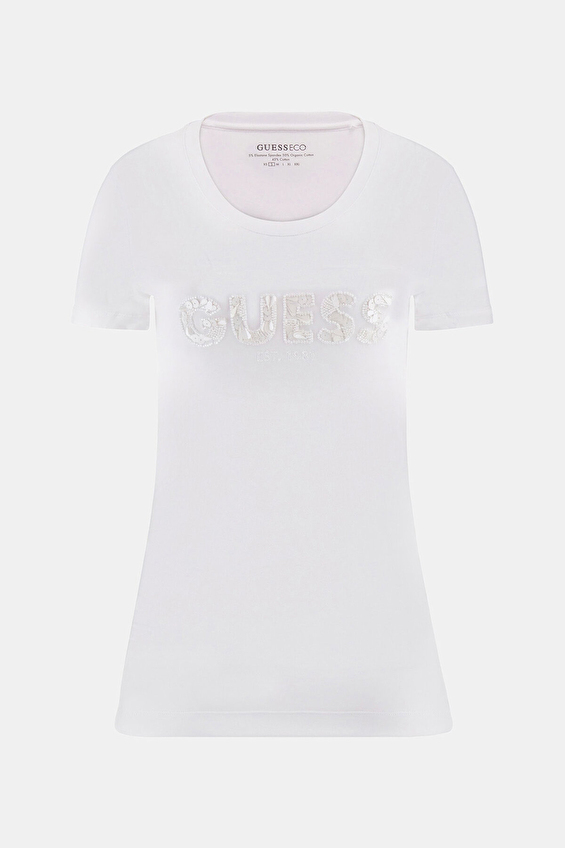 Guess Slim Fit Örme Kumaş Kadın Tişört W5GI17J1314 Beyaz