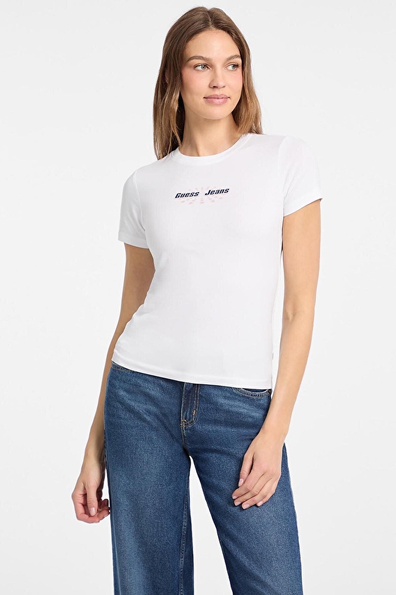 Guess Jeans Slim Fit Örme Kumaş Kadın Tişört W5YI04J1314 Beyaz Guess Jeans Slim Fit Örme Kumaş Kadın Tişört W5YI04J1314 Beyaz