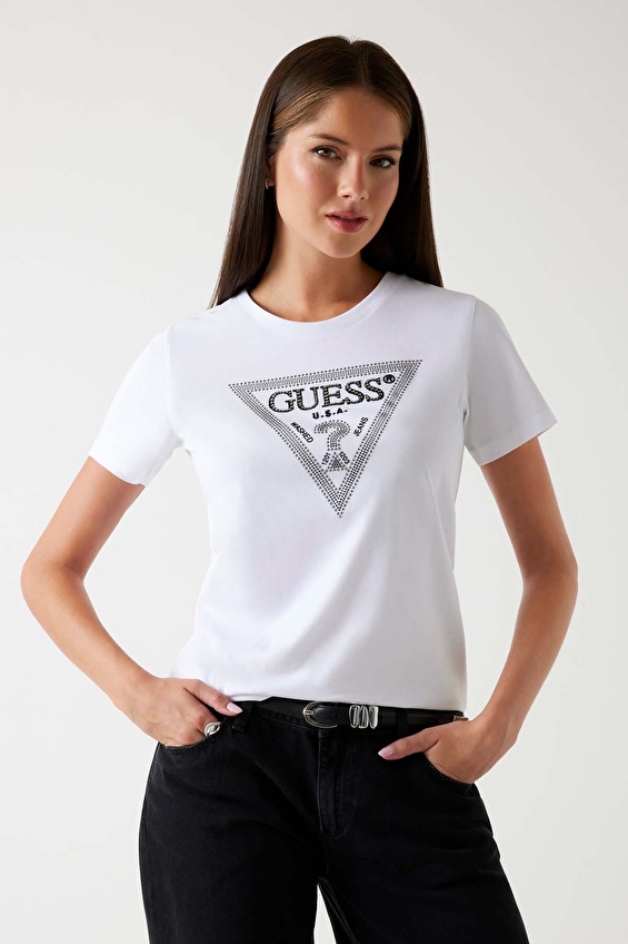 Guess Regular Fit Örme Kumaş Kadın Tişört W5BI18I3Z14 Beyaz Guess Regular Fit Örme Kumaş Kadın Tişört W5BI18I3Z14 Beyaz