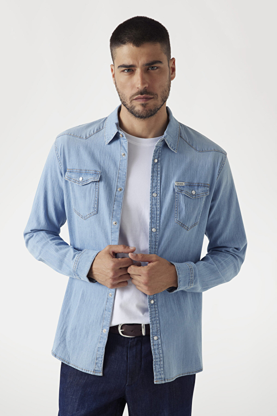 Guess Slim Fit Erkek Gömlek M4GH02D3PF5 Mavi Guess Slim Fit Erkek Gömlek M4GH02D3PF5 Mavi