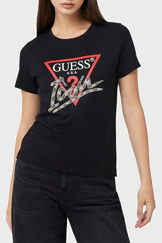Guess Regular Fit Örme Kumaş Kadın Tişört W5RI10I3Z14 Siyah Guess Regular Fit Örme Kumaş Kadın Tişört W5RI10I3Z14 Siyah